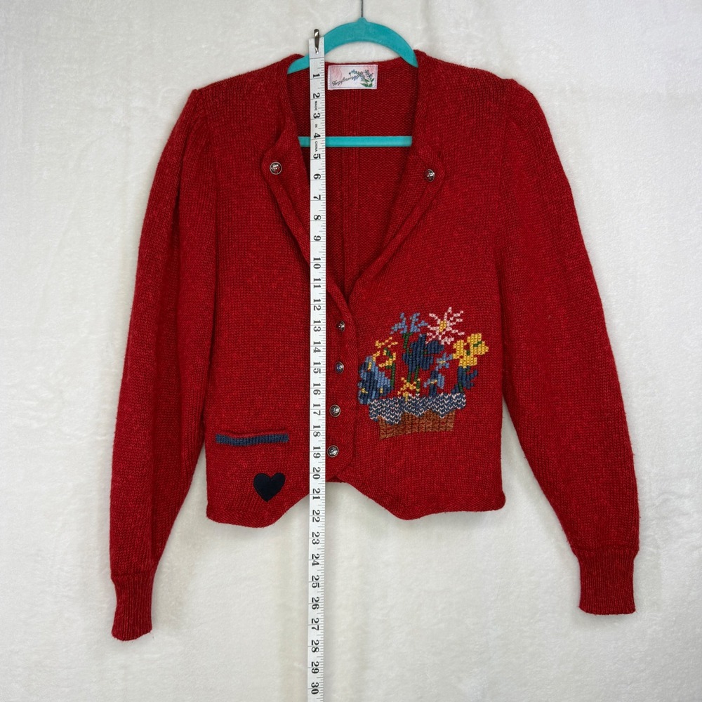 Vergissmeinnicht Cardigan Women M Red Vintage German Folk Floral Knit Sweater - Picture 2 of 8